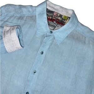 Robert Graham Light Blue Flip Cuff 100% Linen Button Down Shirt Large Resort
